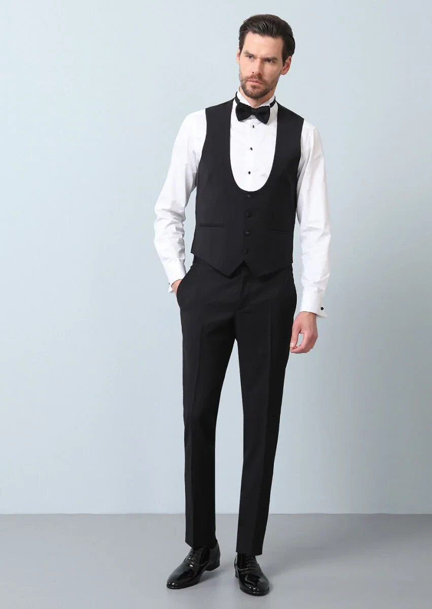 Siyah Slim Fit Kelebek Yaka Klasik Yelek - 2