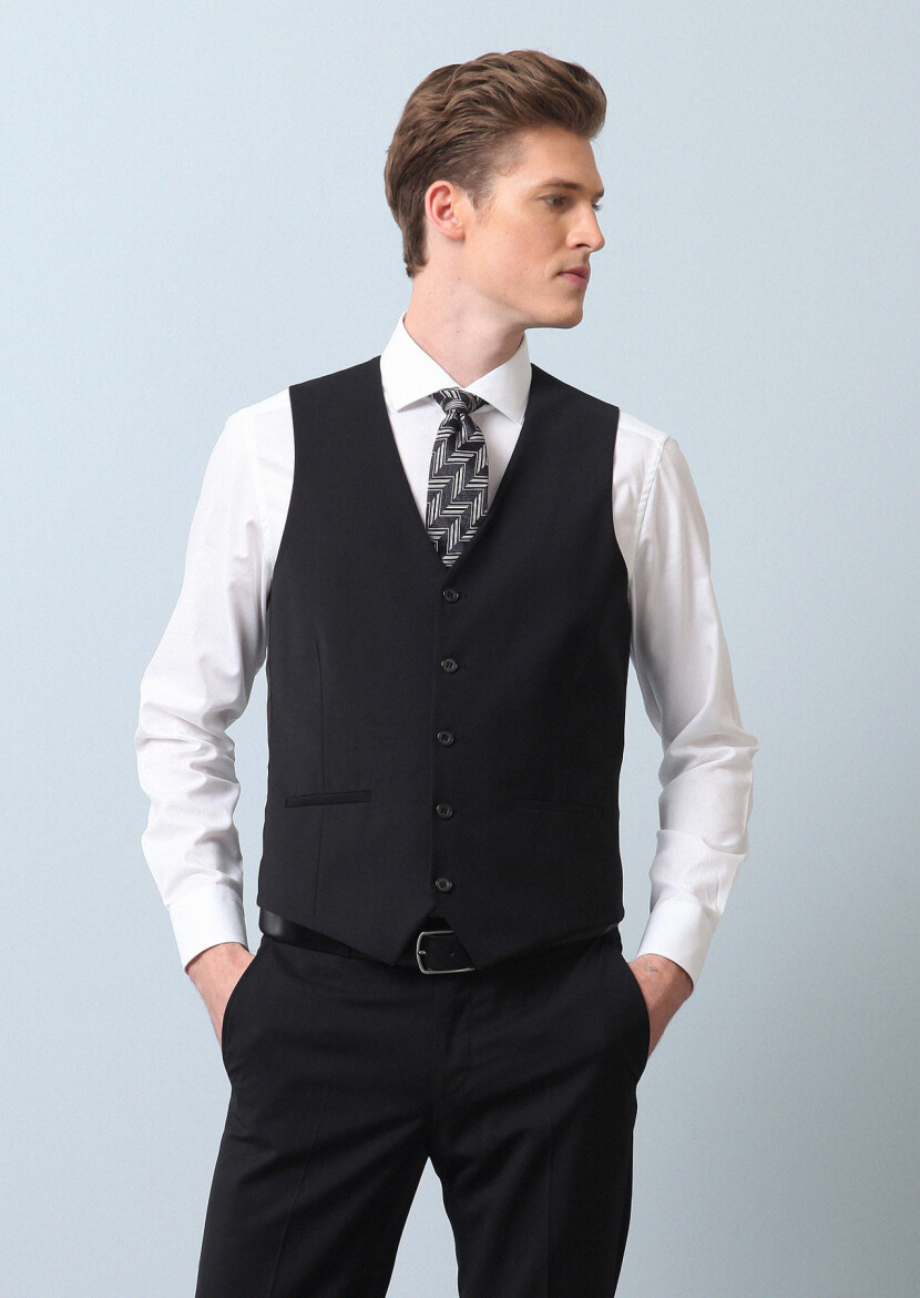 Siyah Slim Fit Kelebek Yaka Klasik Yelek 