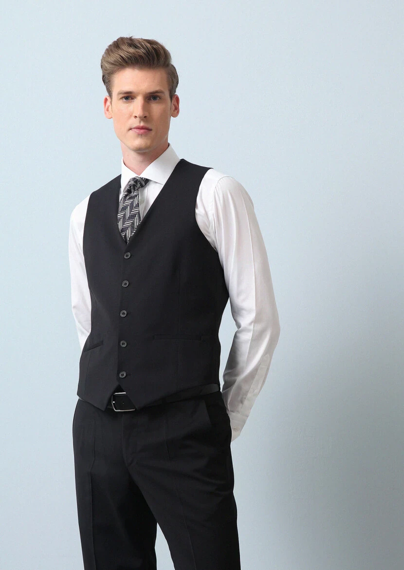Siyah Slim Fit Kelebek Yaka Klasik Yelek - 1