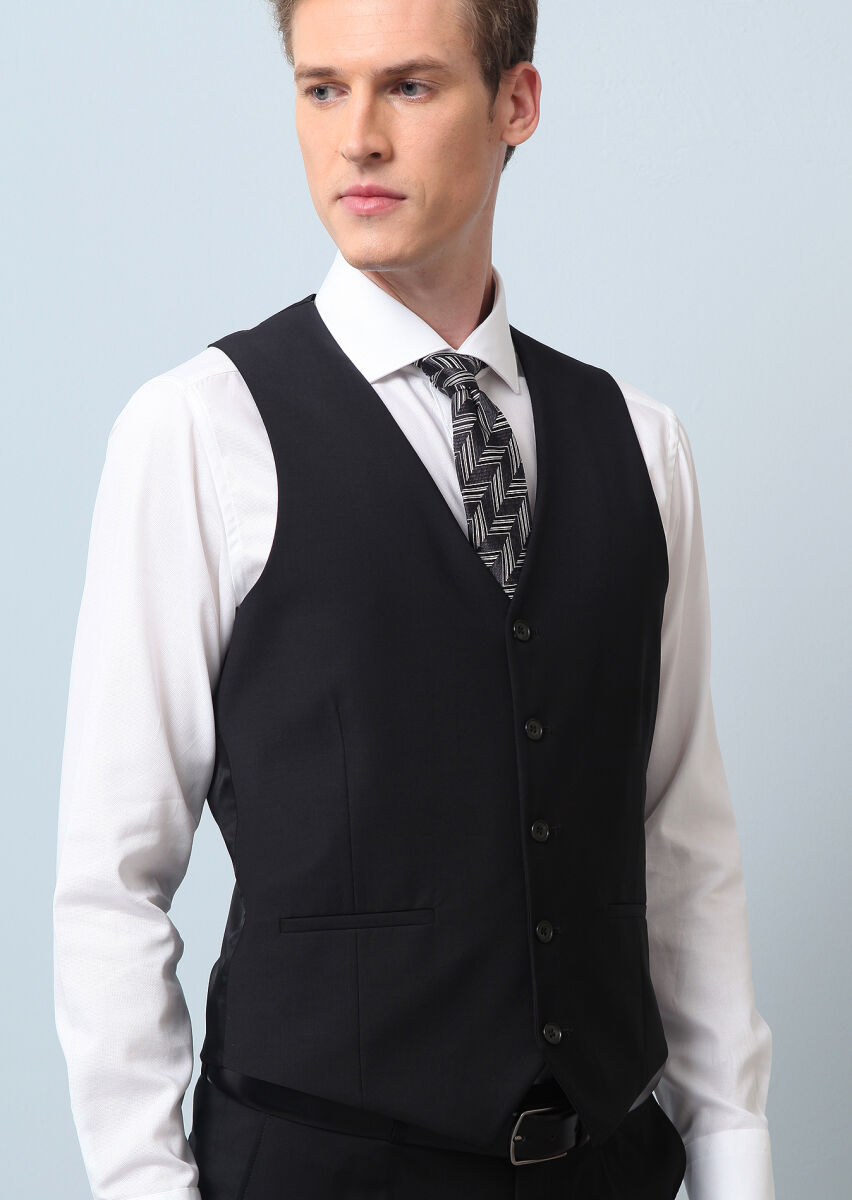 Siyah Slim Fit Kelebek Yaka Klasik Yelek - 1