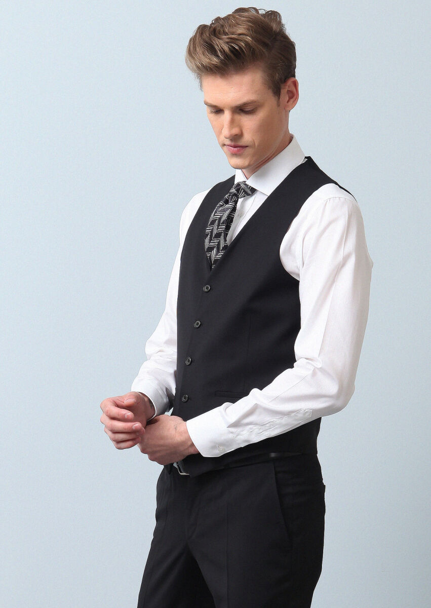 Siyah Slim Fit Kelebek Yaka Klasik Yelek - 4