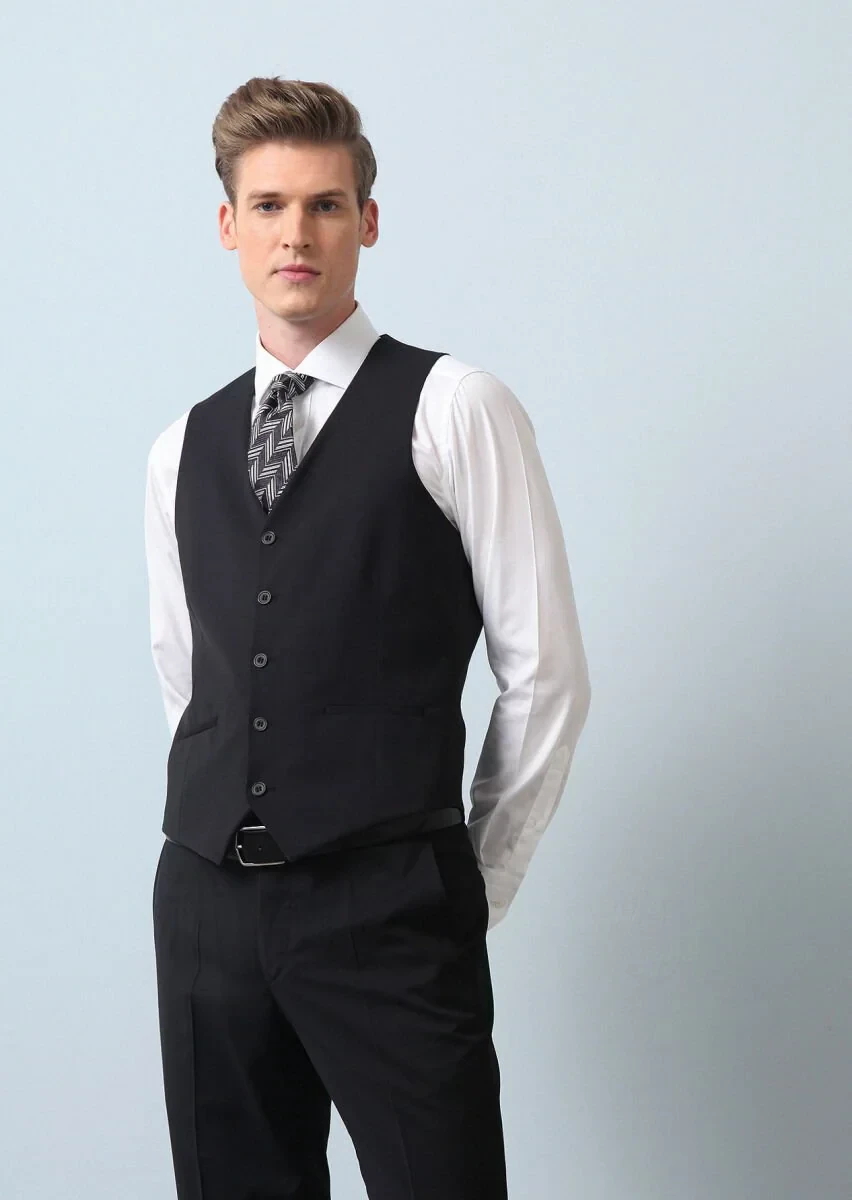 Siyah Slim Fit Kelebek Yaka Klasik Yelek - 3