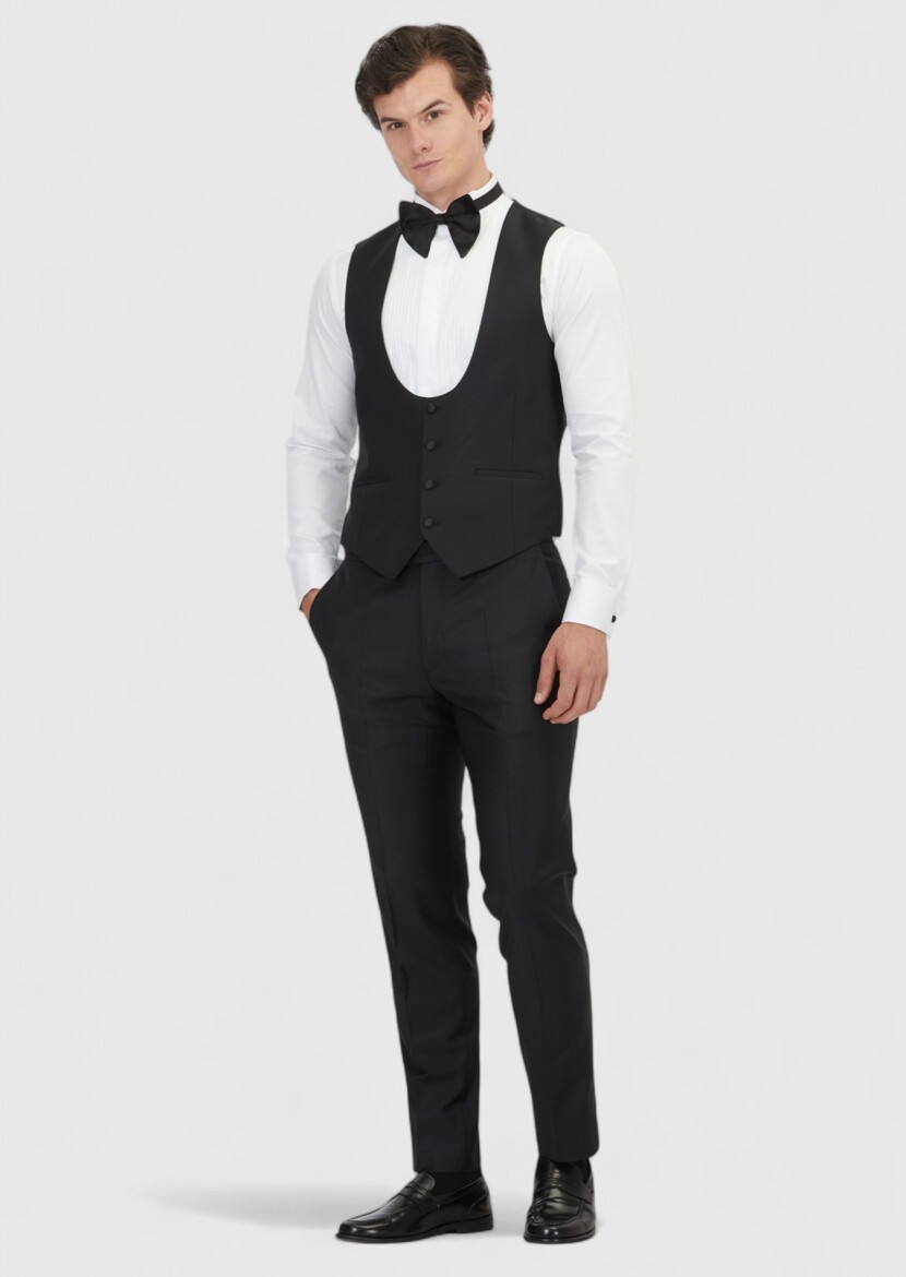 Siyah Slim Fit Kelebek Yaka Klasik Yelek - 2