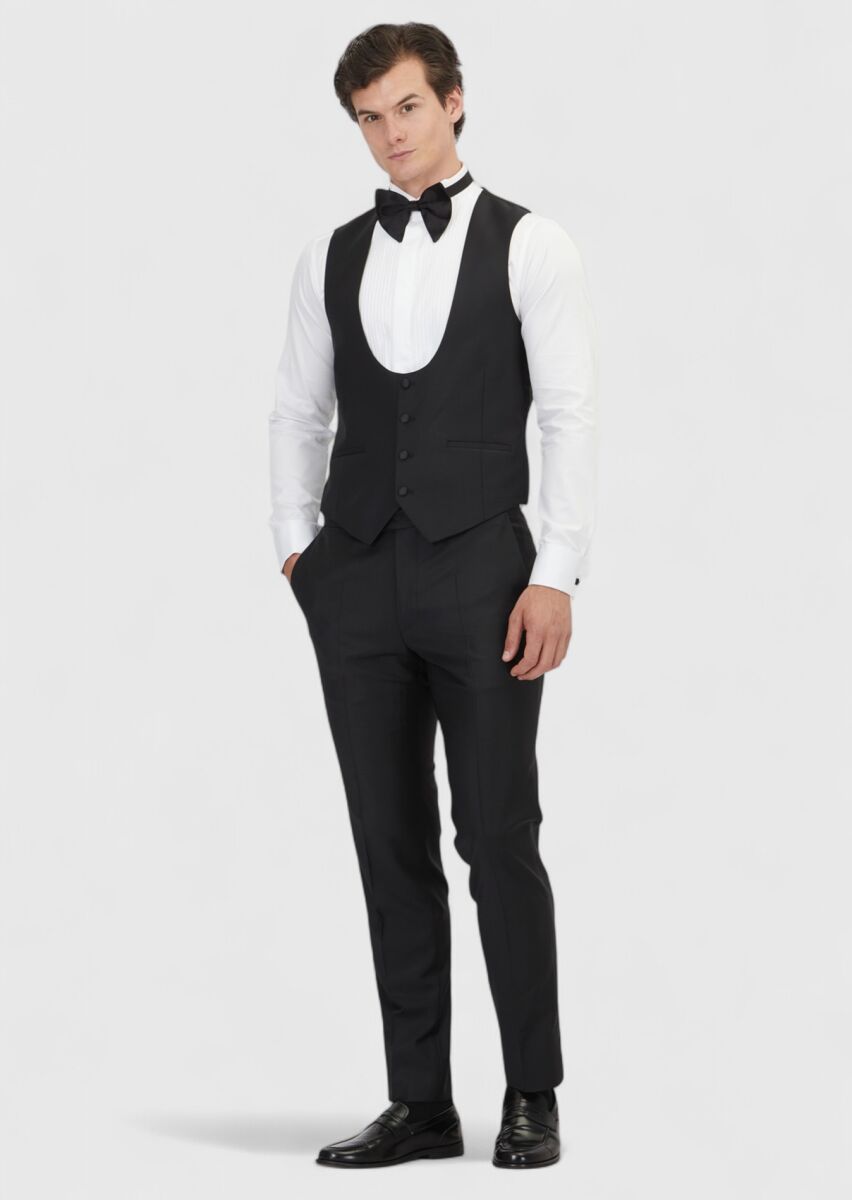 Siyah Slim Fit Kelebek Yaka Klasik Yelek - 2