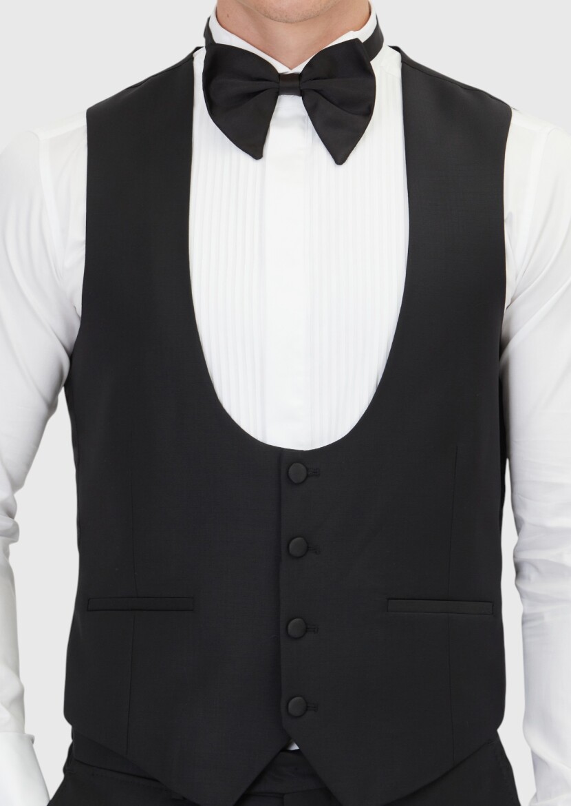 Siyah Slim Fit Kelebek Yaka Klasik Yelek - 4