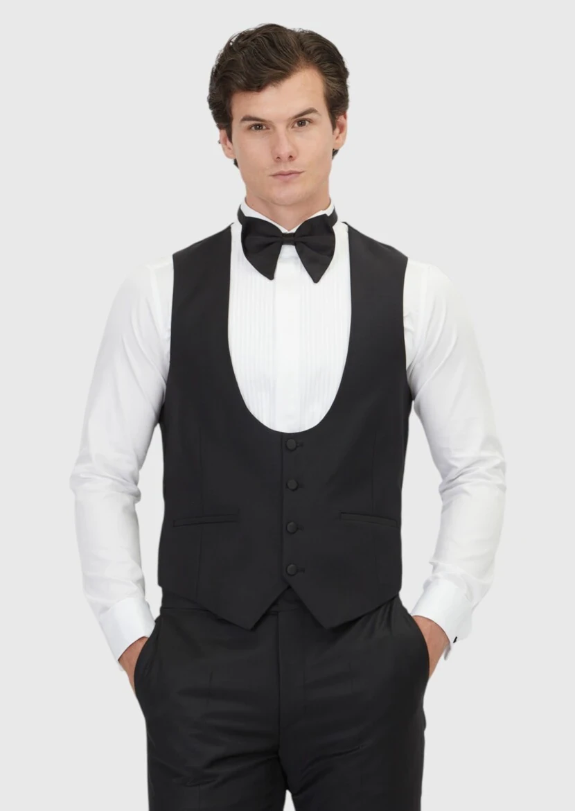 Siyah Slim Fit Kelebek Yaka Klasik Yelek - 1