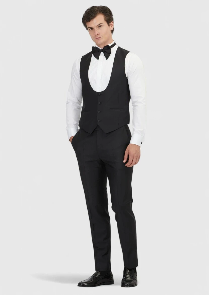 Siyah Slim Fit Kelebek Yaka Klasik Yelek - 2