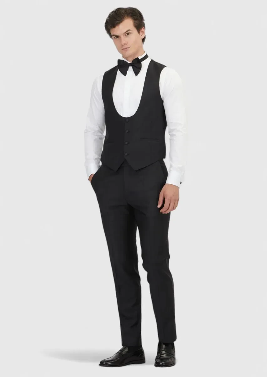 Siyah Slim Fit Kelebek Yaka Klasik Yelek - 2