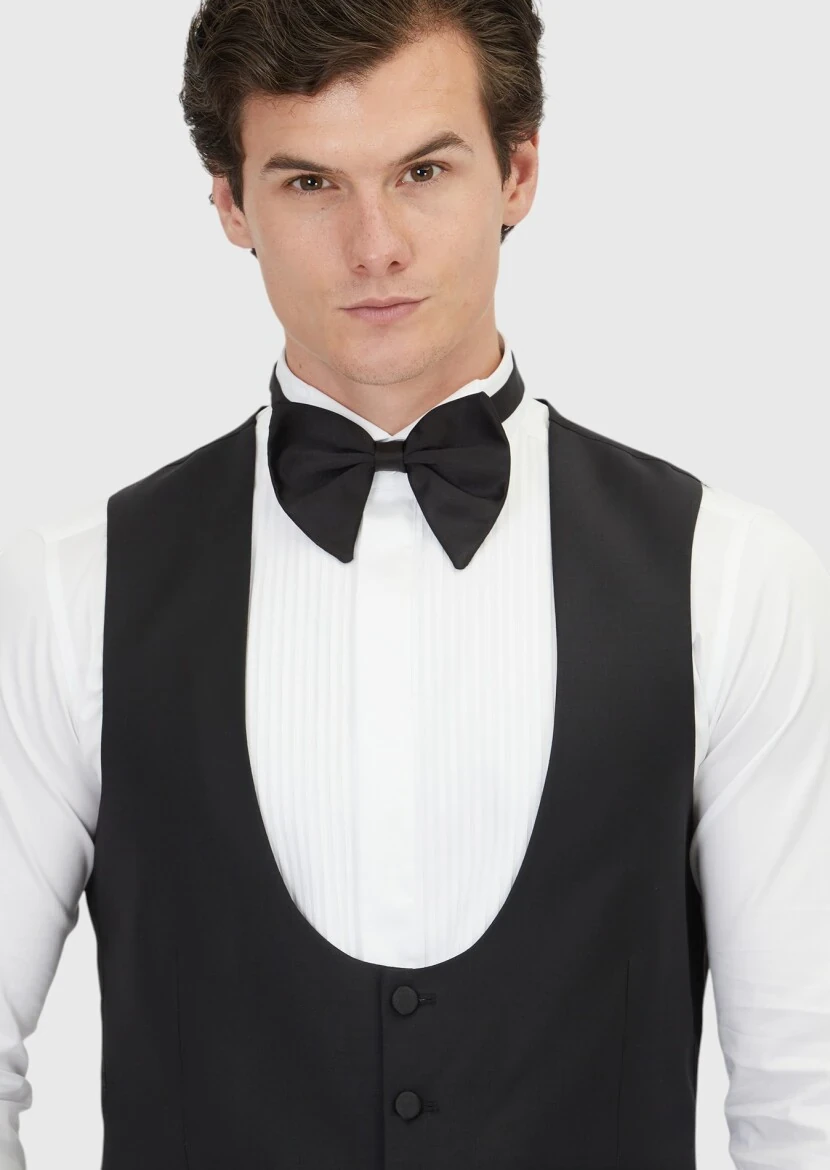 Siyah Slim Fit Kelebek Yaka Klasik Yelek - 3