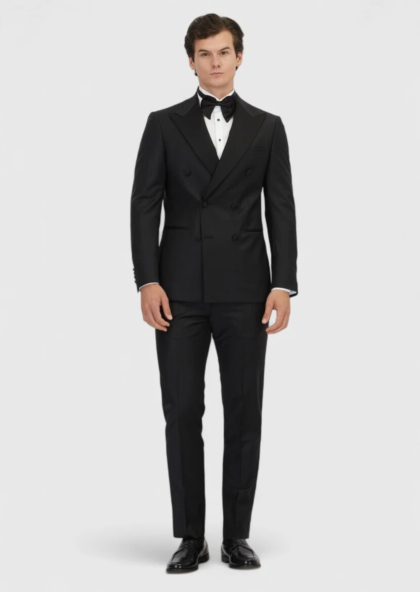 Siyah Slim Fit Kruvaze Yaka Dokuma Smokin Takım Elbise - 2