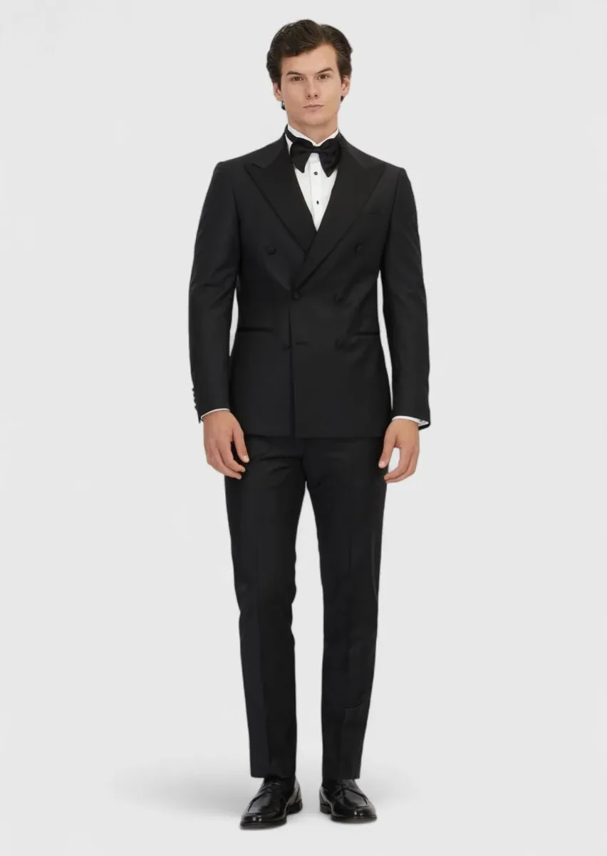 Siyah Slim Fit Kruvaze Yaka Dokuma Smokin Takım Elbise - 2