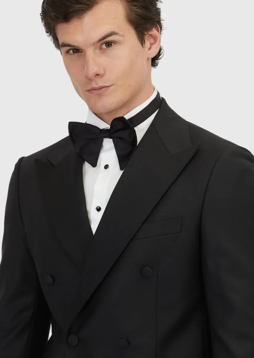 Siyah Slim Fit Kruvaze Yaka Dokuma Smokin Takım Elbise - 3