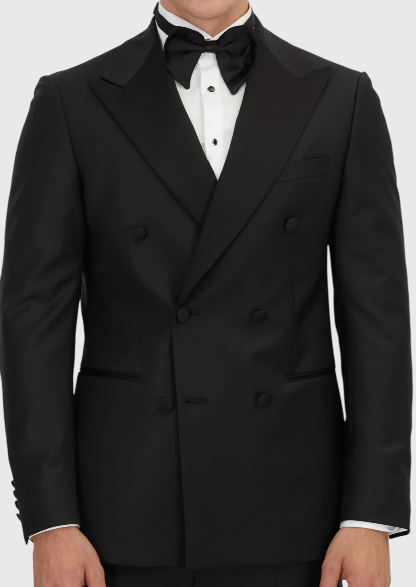 Siyah Slim Fit Kruvaze Yaka Dokuma Smokin Takım Elbise - 4