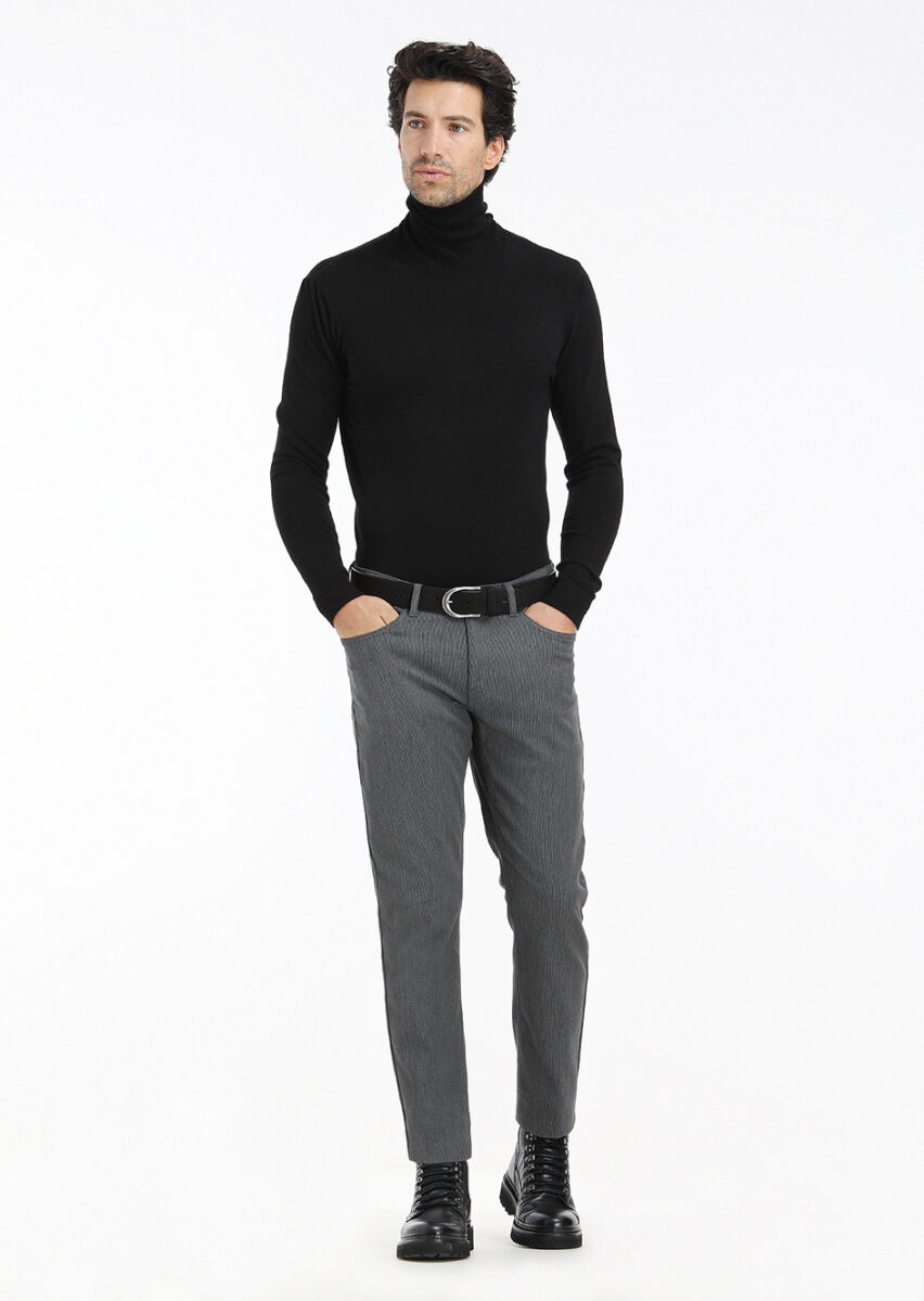Siyah Tam Balıkçı Yaka Düz Örgü Yün Karışımlı Triko Kazak - 1