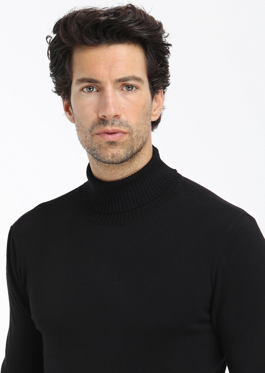 Siyah Tam Balıkçı Yaka Düz Örgü Yün Karışımlı Triko Kazak - 2