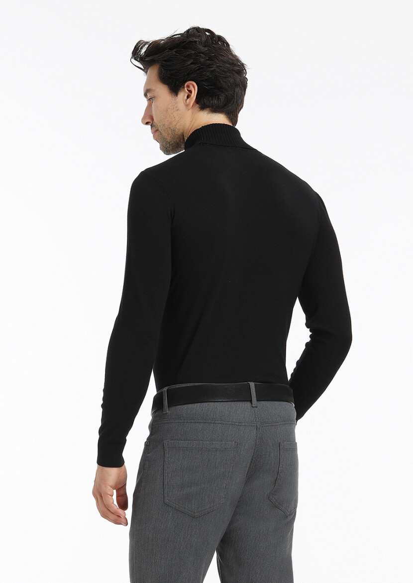 Siyah Tam Balıkçı Yaka Düz Örgü Yün Karışımlı Triko Kazak - 4