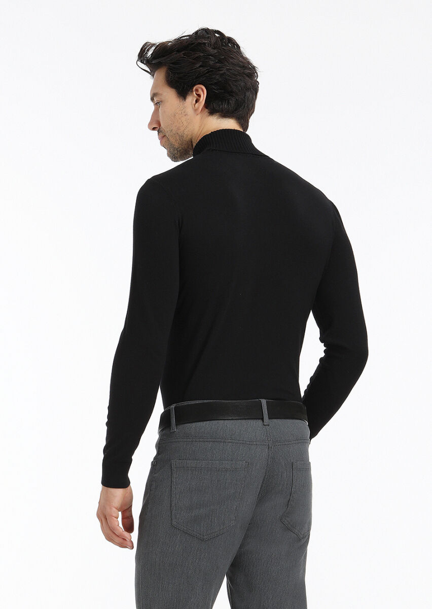 Siyah Tam Balıkçı Yaka Düz Örgü Yün Karışımlı Triko Kazak - 4
