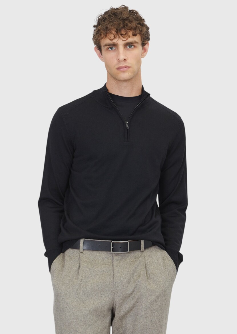 Siyah Yarım Balıkçı Yaka Düz Örgü Yün Karışımlı Triko Kazak - 1