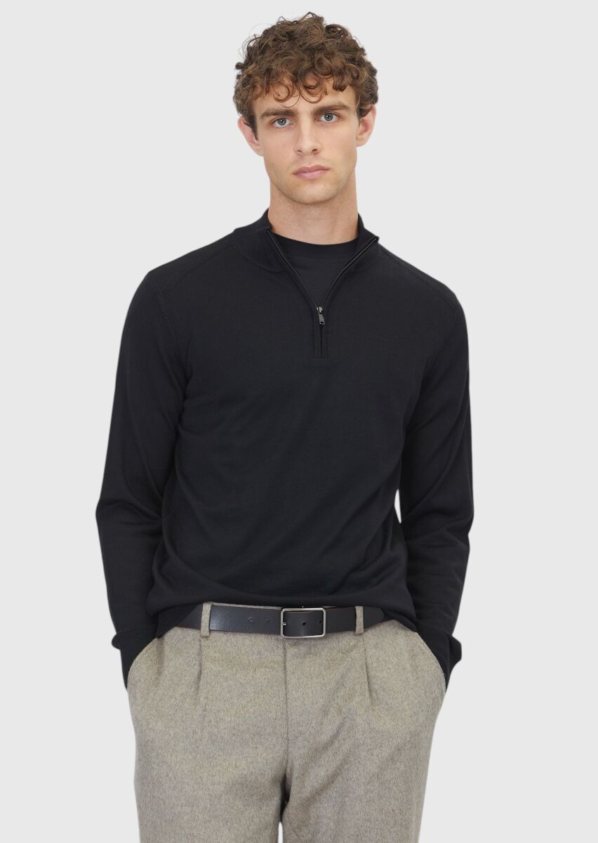 Siyah Yarım Balıkçı Yaka Düz Örgü Yün Karışımlı Triko Kazak - 1