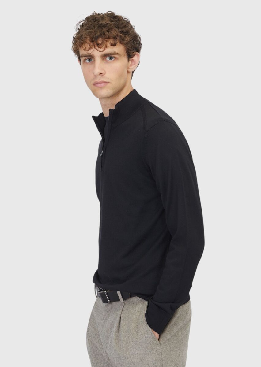 Siyah Yarım Balıkçı Yaka Düz Örgü Yün Karışımlı Triko Kazak - 3