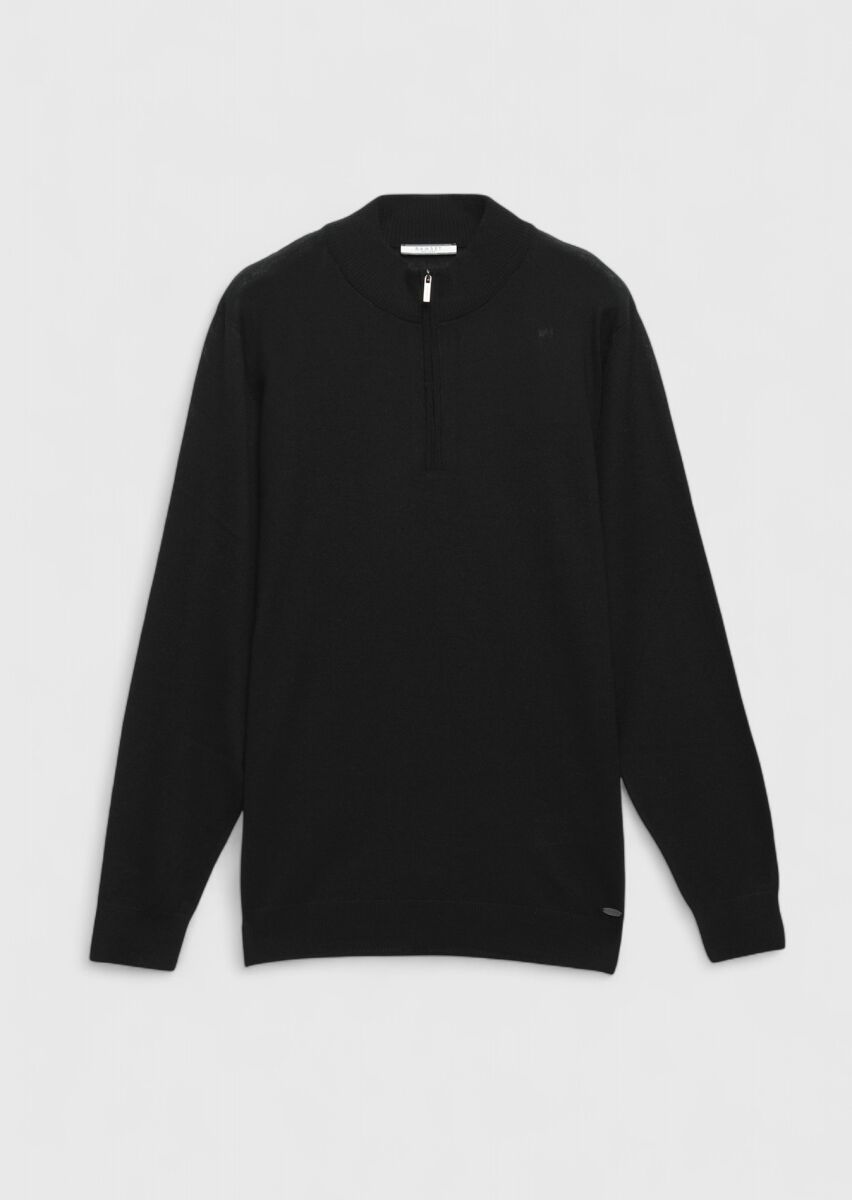 Siyah Yarım Balıkçı Yaka Düz Örgü Yün Karışımlı Triko Kazak - 7