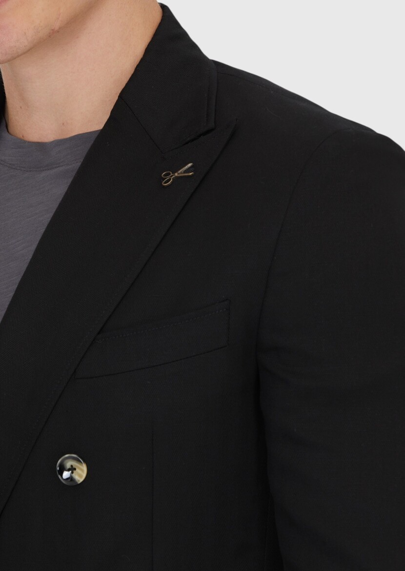 Siyah Zeroweight Slim Fit Keten Karışımlı Ceket - 4