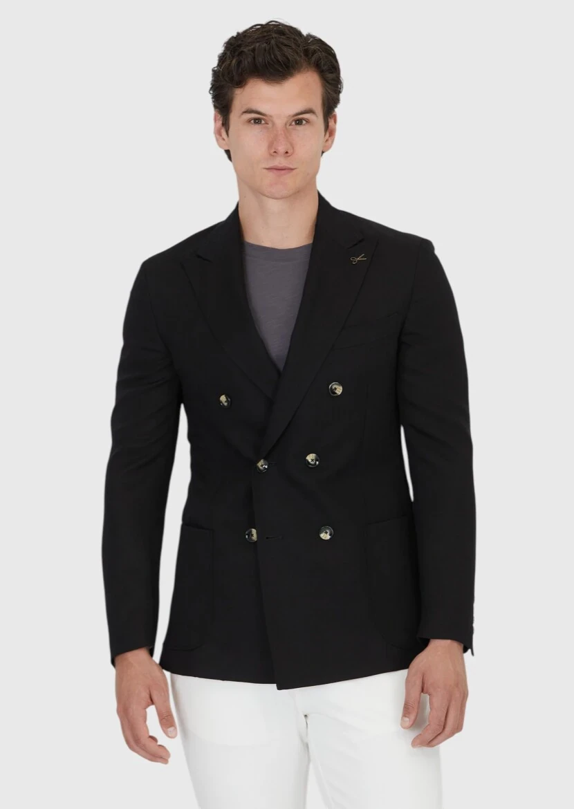 Siyah Zeroweight Slim Fit Keten Karışımlı Ceket - 1