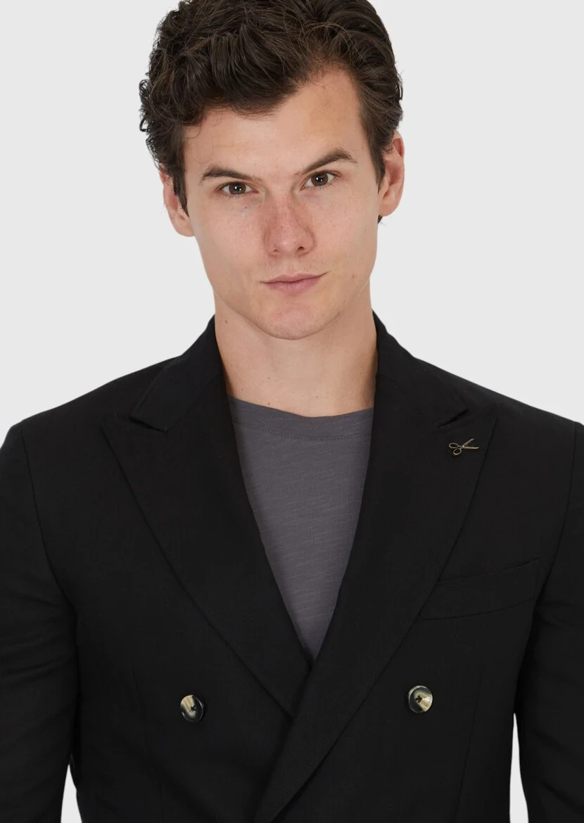 Siyah Zeroweight Slim Fit Keten Karışımlı Ceket - 3