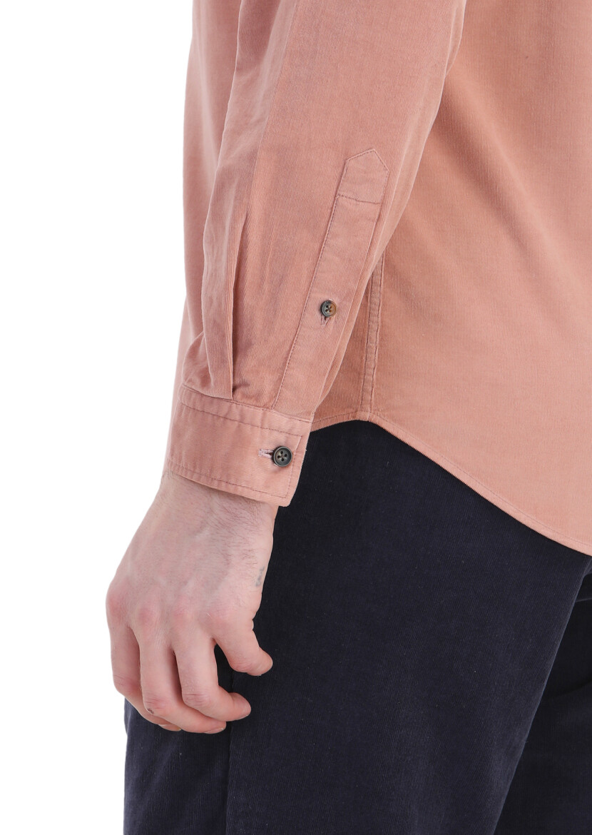 Somon Fitilli Regular Fit Uzun Dokuma Kadife Casual %100 Pamuk Gömlek - 5