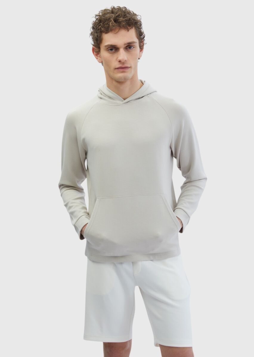 Stone Hooded Plain Sweatshirt - 1