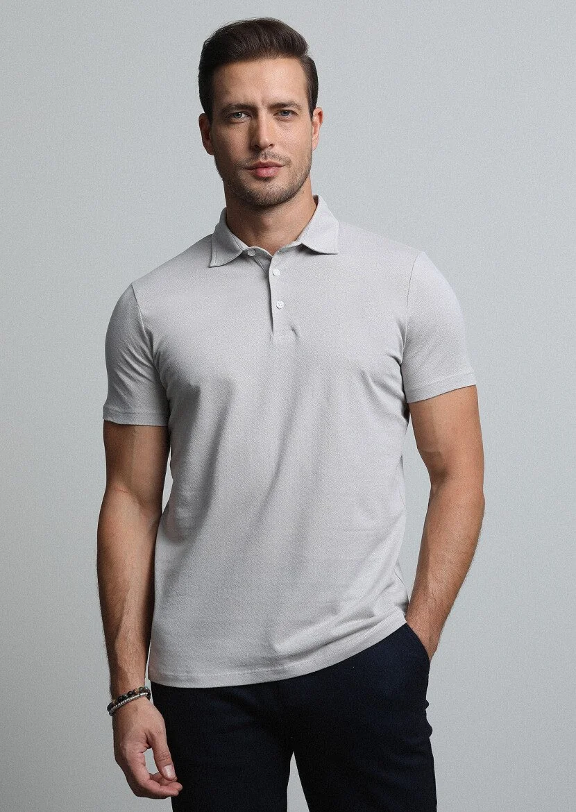 Stone Jacquard Polo Neck 100% Cotton T-Shirt - 1