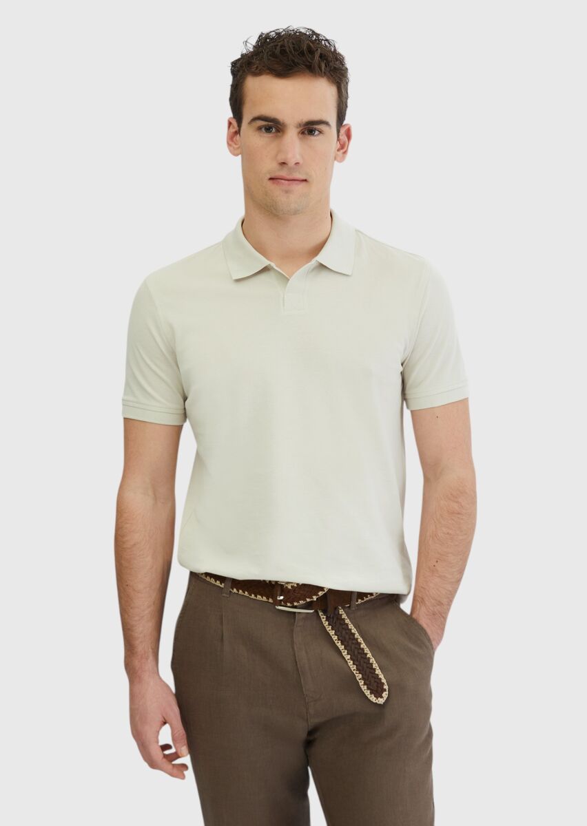 Stone Plain Polo Neck 100% Cotton T-Shirt - 1