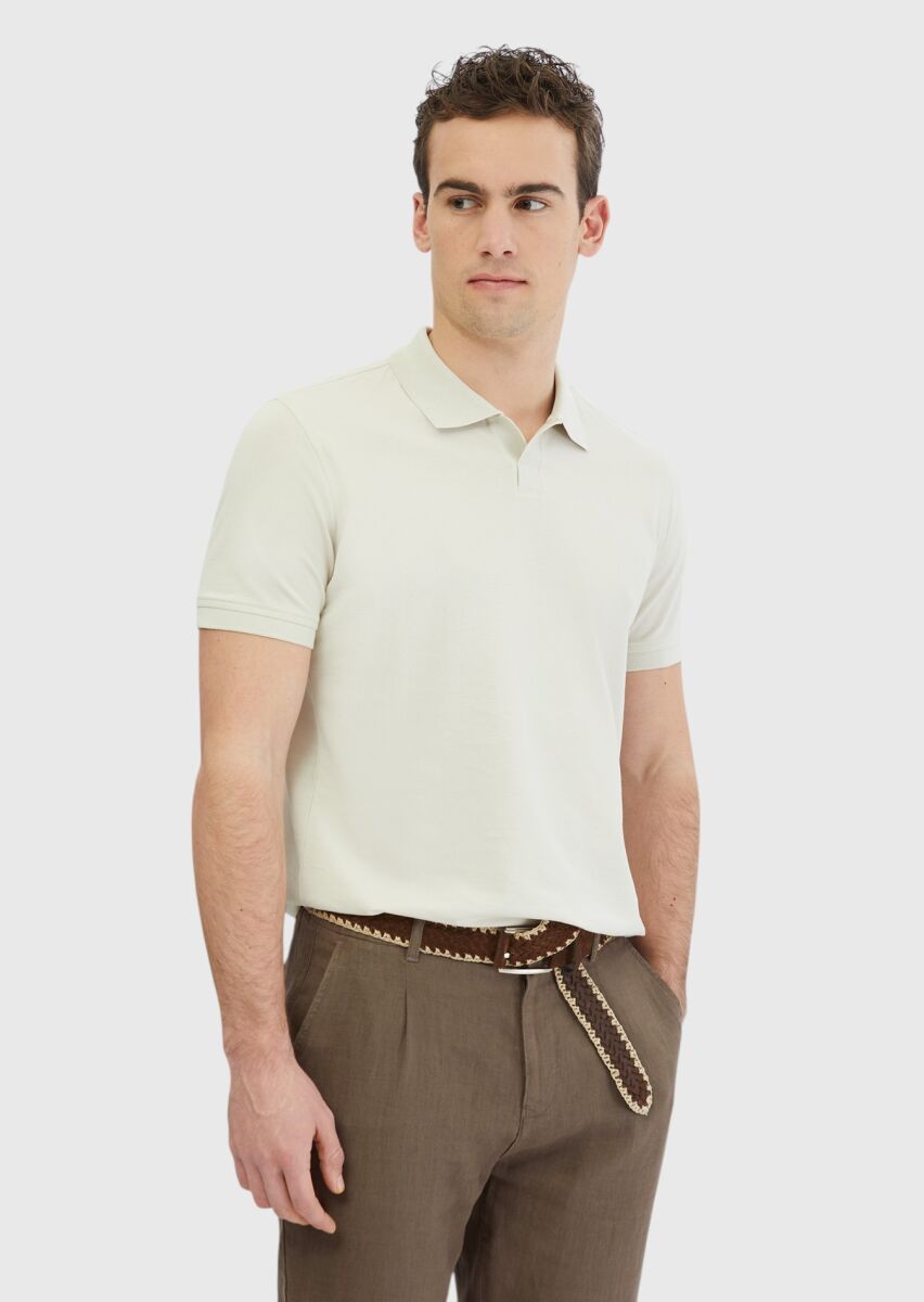 Stone Plain Polo Neck 100% Cotton T-Shirt - 3