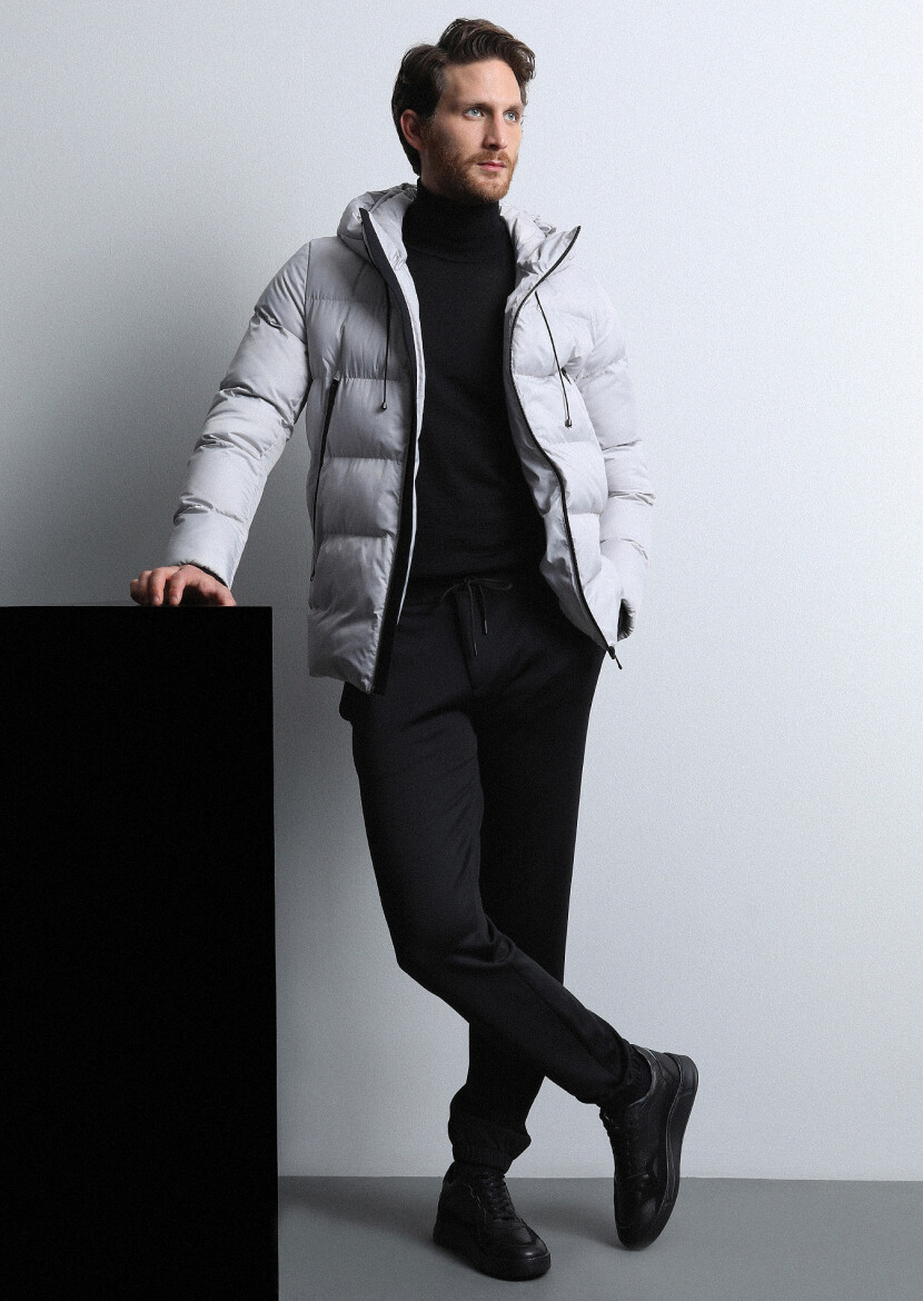 Stone Regular Fit Butterfly Collar Casual Weaving Puffer Coat - 1