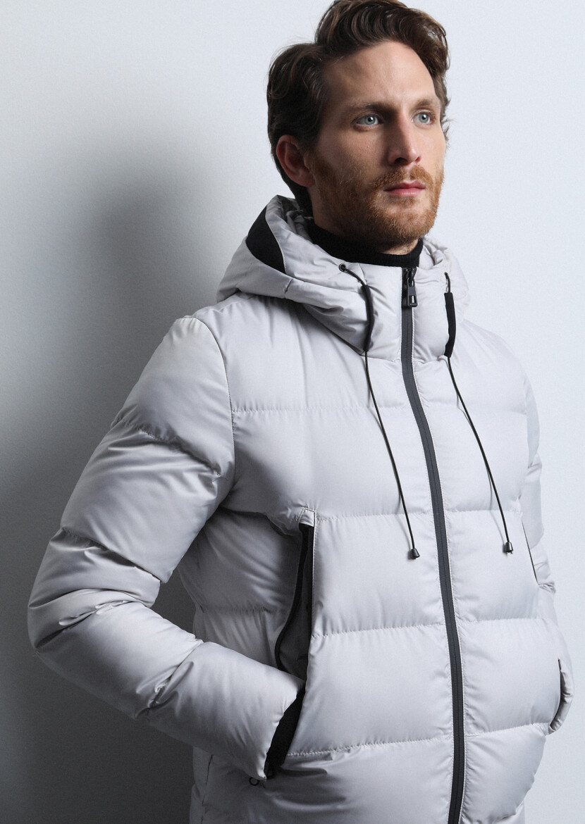 Stone Regular Fit Butterfly Collar Casual Weaving Puffer Coat - 2