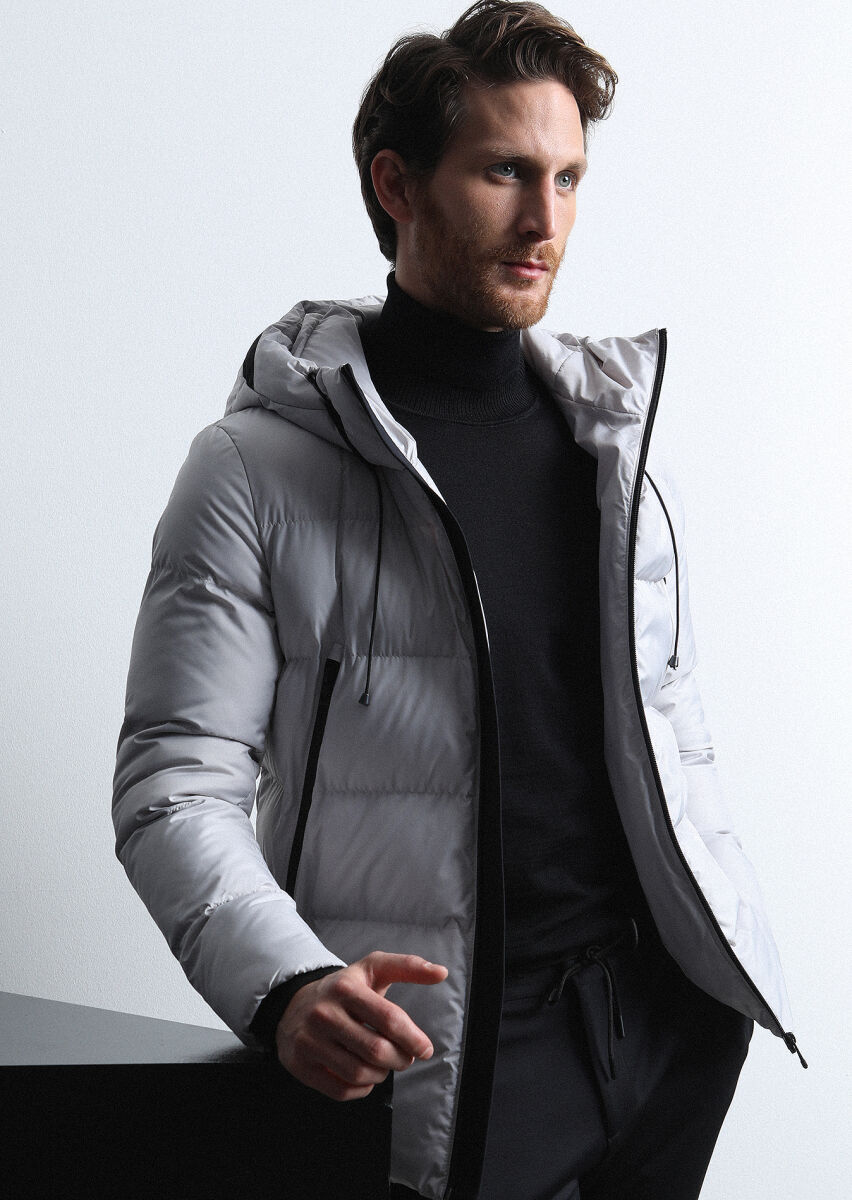 Stone Regular Fit Butterfly Collar Casual Weaving Puffer Coat - 4