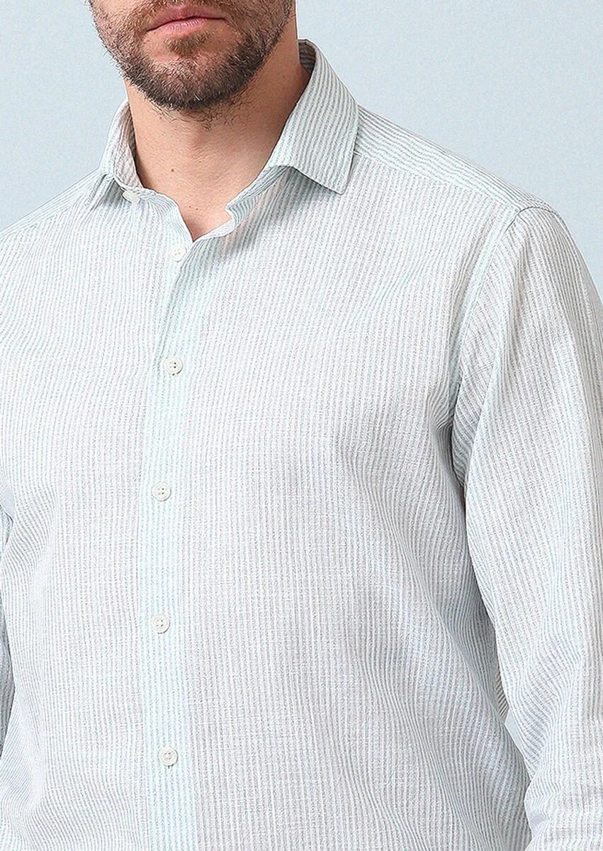 Su Yeşili Baskılı Regular Fit Dokuma Casual %100 Pamuk Gömlek - 5