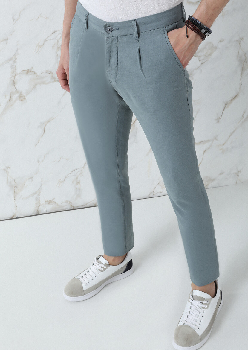 Su Yeşili Düz Dokuma Regular Fit Casual Pamuk Karışımlı Pantolon - 2