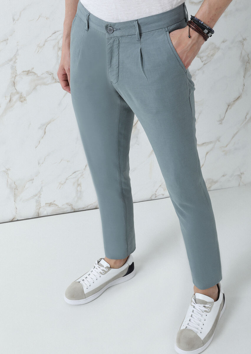 Su Yeşili Düz Dokuma Regular Fit Casual Pamuk Karışımlı Pantolon - 2