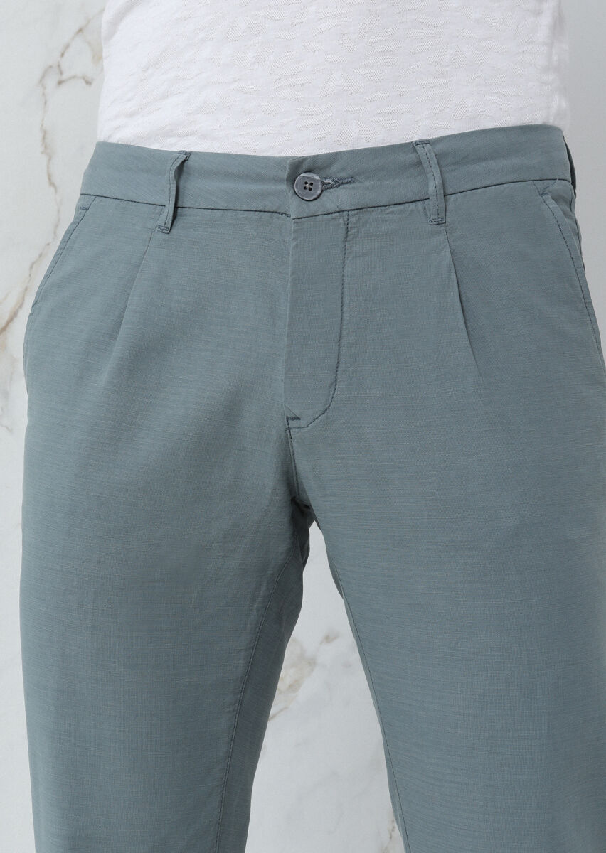 Su Yeşili Düz Dokuma Regular Fit Casual Pamuk Karışımlı Pantolon - 3