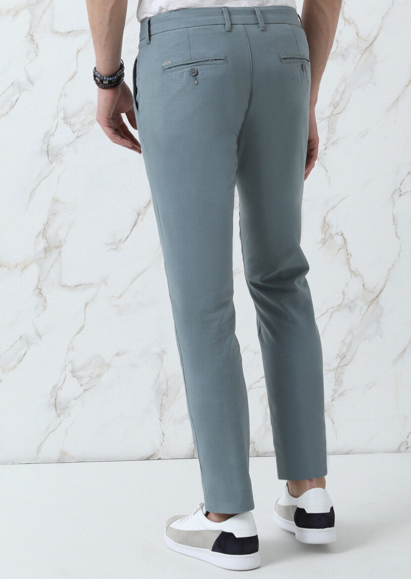 Su Yeşili Düz Dokuma Regular Fit Casual Pamuk Karışımlı Pantolon - 5