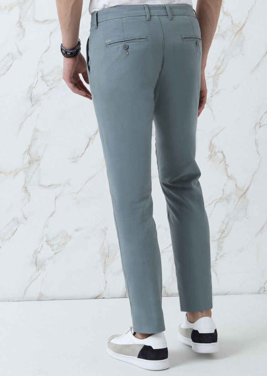 Su Yeşili Düz Dokuma Regular Fit Casual Pamuk Karışımlı Pantolon - 5