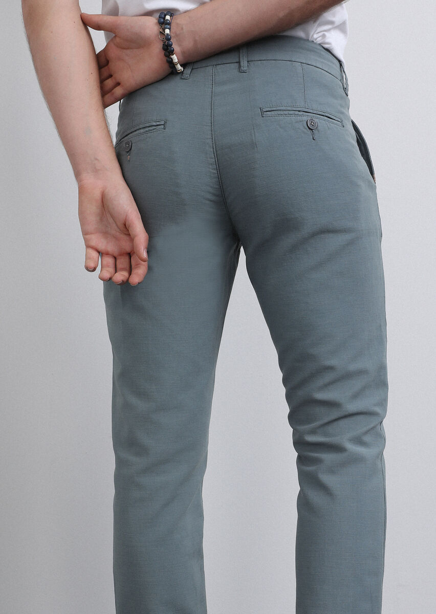 Su Yeşili Düz Dokuma Regular Fit Casual Pamuk Karışımlı Pantolon - 7