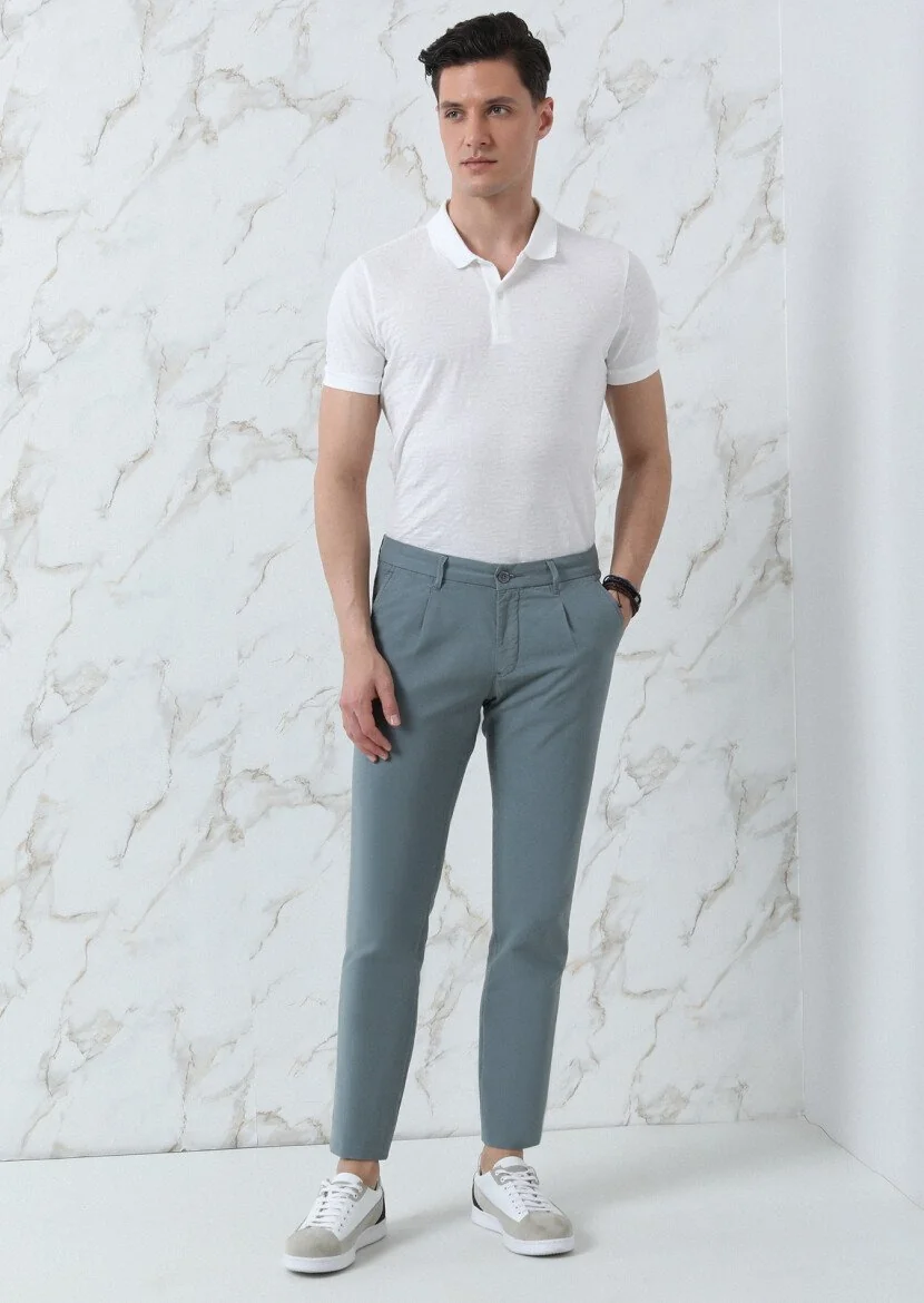 Su Yeşili Düz Dokuma Regular Fit Casual Pamuk Karışımlı Pantolon 