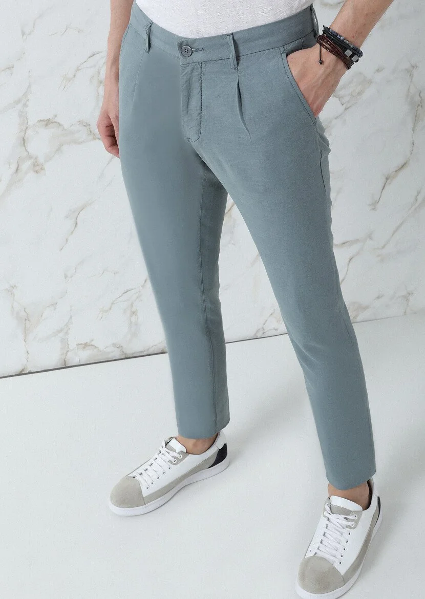 Su Yeşili Düz Dokuma Regular Fit Casual Pamuk Karışımlı Pantolon 