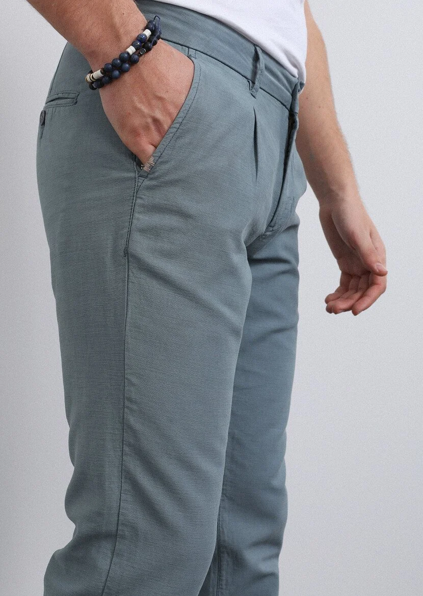 Su Yeşili Düz Dokuma Regular Fit Casual Pamuk Karışımlı Pantolon - 6