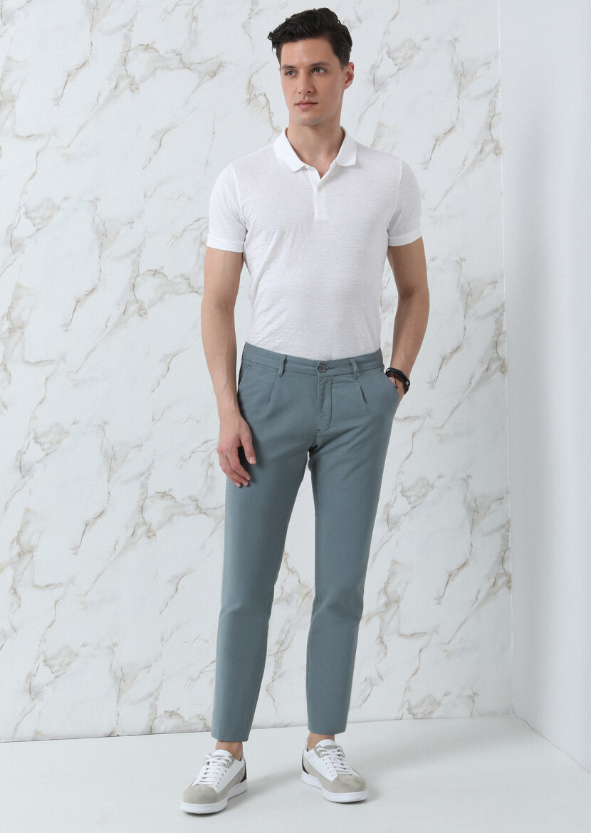 Su Yeşili Düz Dokuma Regular Fit Casual Pamuk Karışımlı Pantolon 