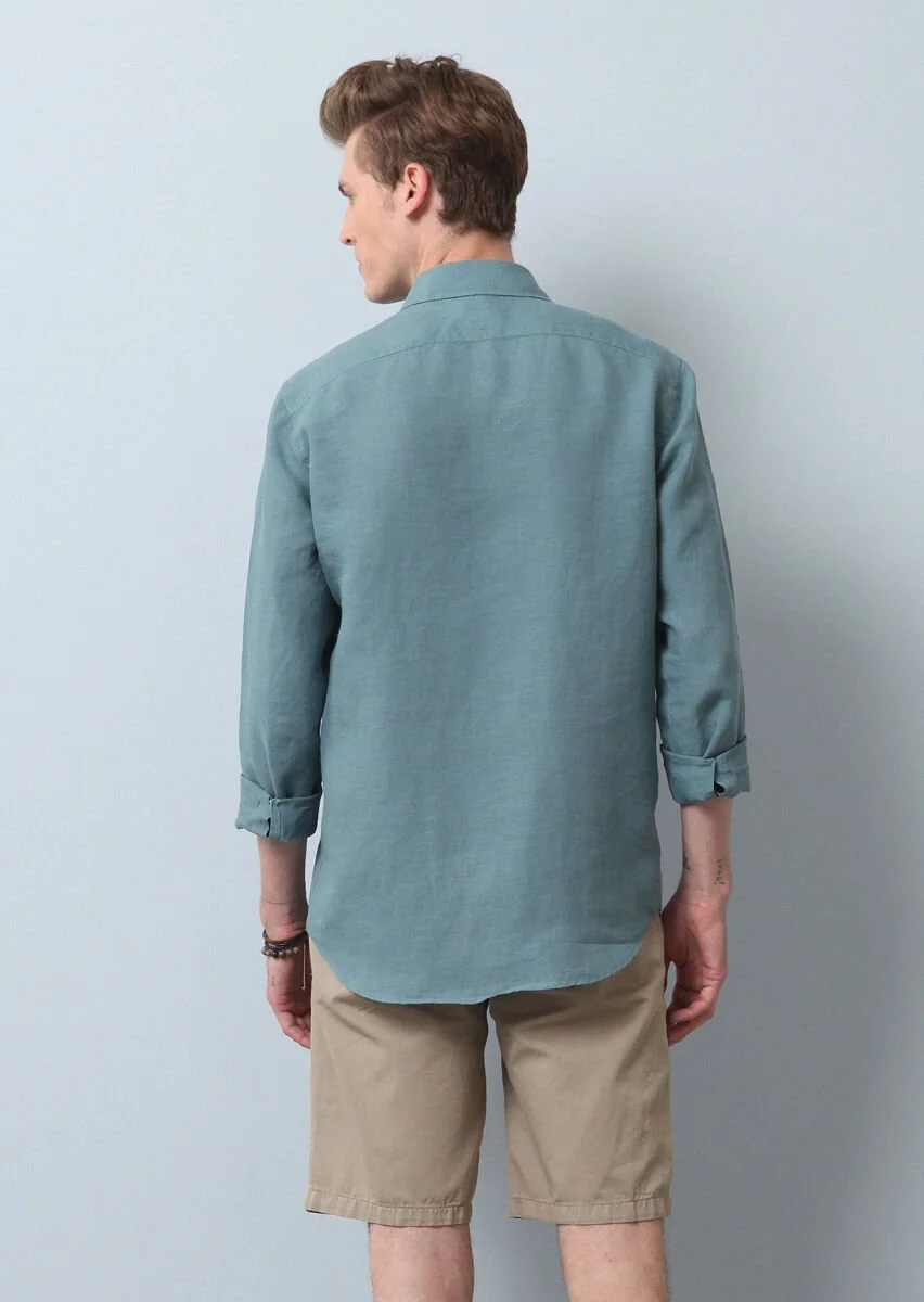 Su Yeşili Düz Regular Fit Dokuma Casual %100 Keten Gömlek - 5