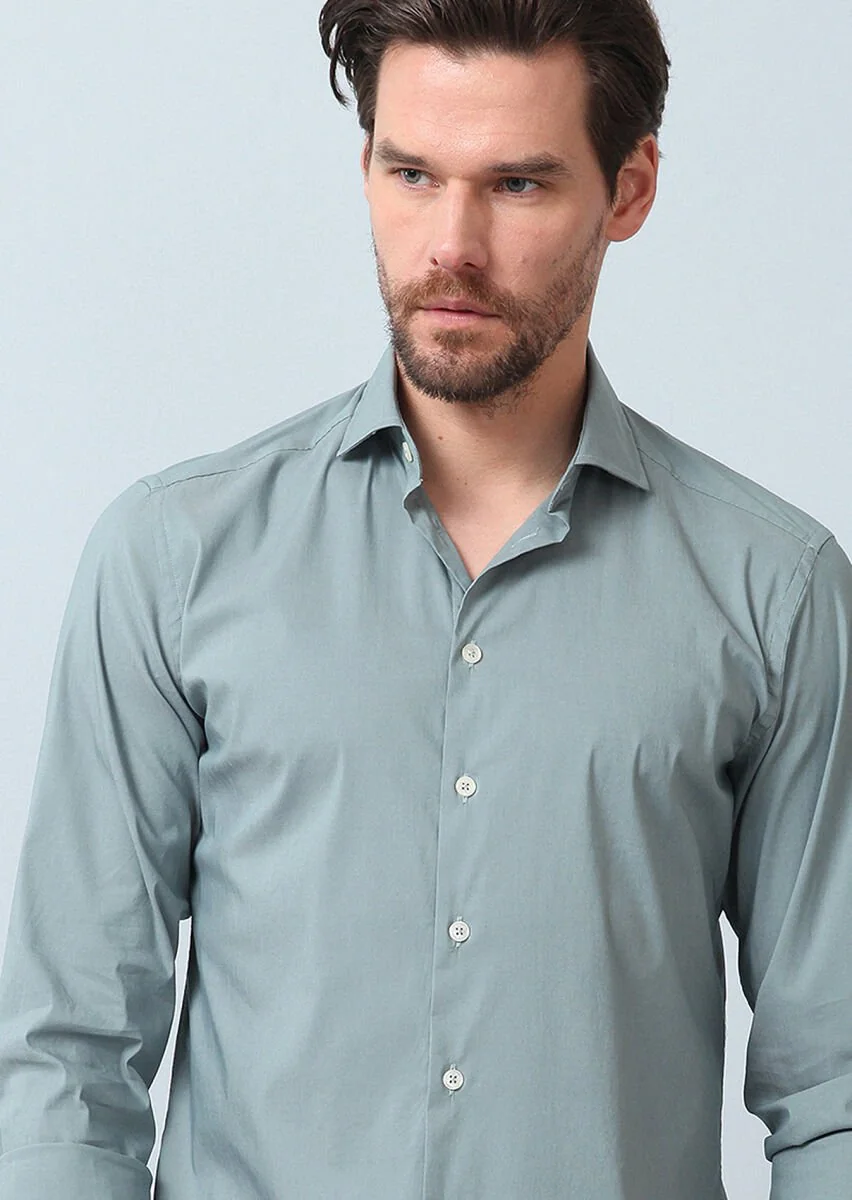 Su Yeşili Düz Regular Fit Dokuma Casual Pamuk Karışımlı Gömlek - 2