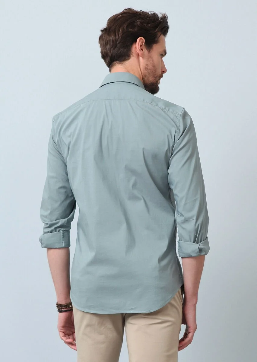 Su Yeşili Düz Regular Fit Dokuma Casual Pamuk Karışımlı Gömlek - 6